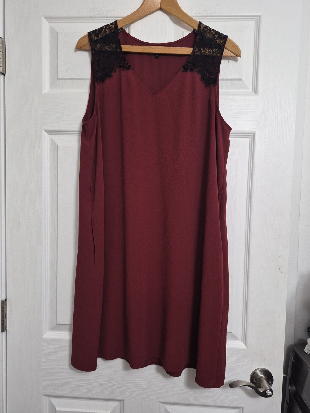 RW&CO. Sleeveless V-Neck Midi Dress with Black Lace Trim - Burgundy